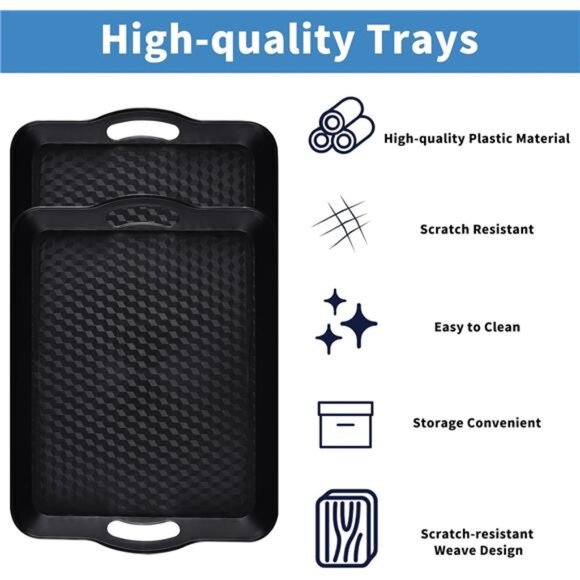 Plastic Tray with Handles 2 Pack Multi-Purpose Rectangular Non Slip Serving Tray - Picture 4 of 7